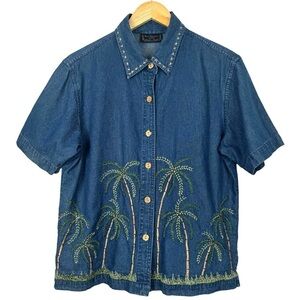 New Direction Women Button Down Shirt Petite L Palm Tree Hawaiian Vintage Retro